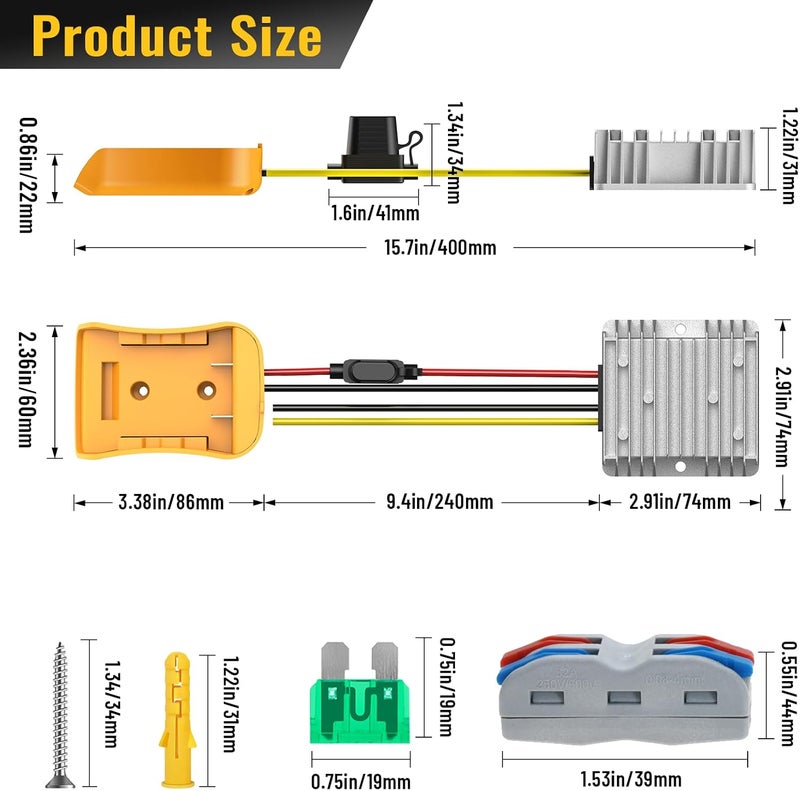 Azocek 2 Pack 20V to 12V Step Down Converter Compatible with DeWalt 20V Power Wheel Battery Adapter, DC 12V 20A 240W Buck Converter Regulator 30A Fuse & Wire Terminal - Image 4